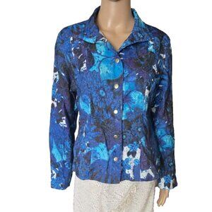 Chico's Women's Jacket Blue Multi Floral Snap Front Mock Neck size 1